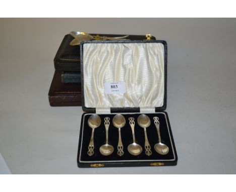 Three cased sets of silver teaspoons, one with tongs, cased set of six silver handled tea knives and a small quantity of loos