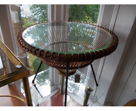 1950's / '60's Franco Albini rattan glass topped coffee table on shaped iron stand, 26.5ins diameter (one loop missing)