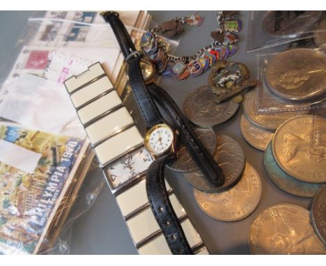 Three various ladies wristwatches, military cap badge, bracelet, quantity of First Day covers and quantity of various crowns