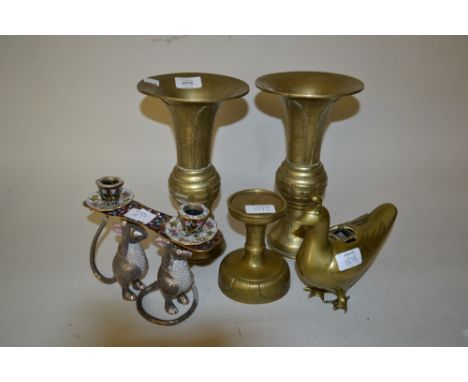 Pair of Chinese brass flared rim vases, a cloisonne candlestick, a bird form censer and a small pedestal comport