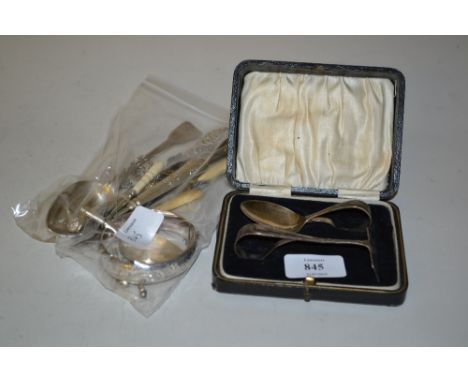 Birmingham silver Christening set in box, silver bangle, swizzle stick and various flatware