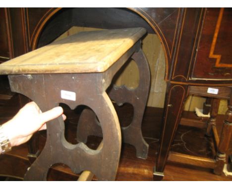 Mahogany organ stool together with a child's chair and a mahogany framed firescreen inset with a Japanese textile picture