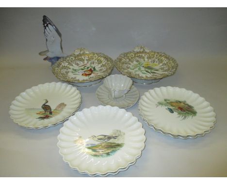Two octagonal blue and white meat dishes, Belleek cup and four saucers, six Copeland dessert plates, two other English desser