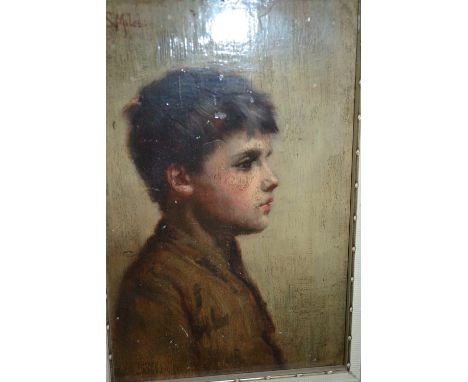 A.S. Miles, small oil on panel, portrait of a boy in profile, 8ins x 5ins