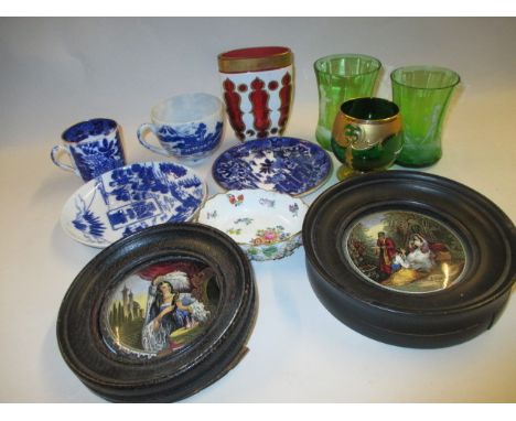 Small Meissen floral encrusted dish, pair of Mary Gregory style green glass beakers, a Bohemian overlaid glass vase, two blue