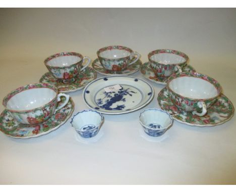 Chinese blue and white saucer dish, five various blue and white tea bowls together with five Canton cups and saucers