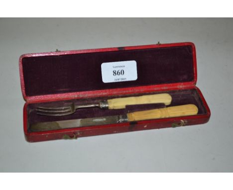 Sheffield silver bladed knife and fork with carved ivory handles in Moroccan leather covered box