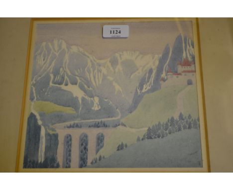 Watercolour, Alpine landscape with a viaduct before a chateau, signed with monogram T.R., Rowley Gallery label verso together