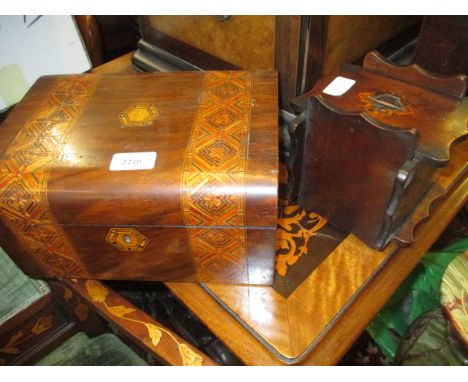 George III mahogany rectangular tea caddy, Victorian walnut and parquetry inlaid work box and a small oval swing frame toilet