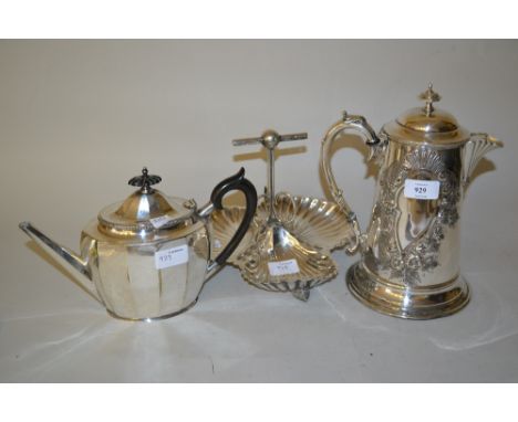 Silver plated floral embossed lidded jug with tapering body, plated teapot and a shell form hors d'oeuvres stand