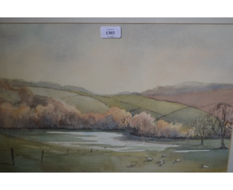 Two framed watercolour landscapes together with an Eastern watercolour portrait of a tiger and two Chinese colour prints