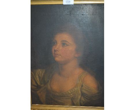 19th Century oil on canvas, head and shoulder portrait of a young lady in a white tunic, 17.5ins x 13ins
