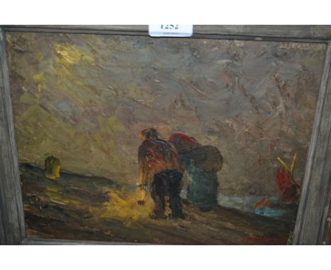 Maurice de Meyer, signed oil on canvas, two figures with a lamp on a quayside at dusk, 9ins x 11.5ins