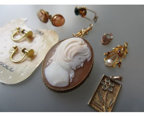 9ct Gold mounted oval carved shell cameo portrait brooch together with a pair of similar earrings, two 9ct gold pendants, thr
