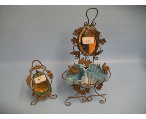 19th Century French gilt metal photograph stand together with a similar trinket dish with mirrored back