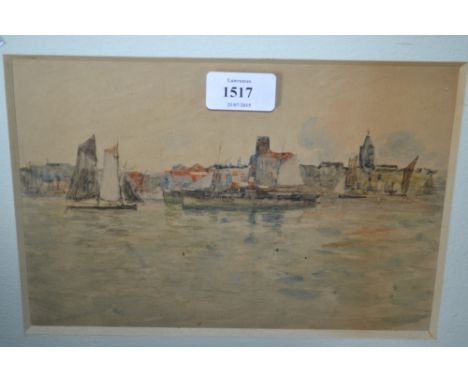 Watercolour, river landscape with sailing boats and steam vessels, small watercolour, sailing boats at sea, watercolour lands