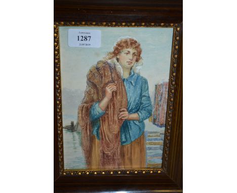 Framed watercolour, portrait of a fishergirl with net by a quayside, 7.5ins x 5ins