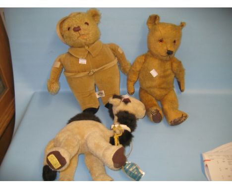 Jointed straw filled teddy bear and two Merrythought soft toys