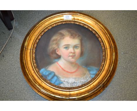 19th Century circular pastel head and shoulder portrait of a young girl wearing a coral necklace, housed in a contemporary gi