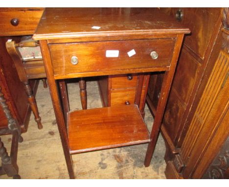 Edwardian mahogany bedside table with single drawer and a 1930's oak lamp table with barley twist supports together with an o