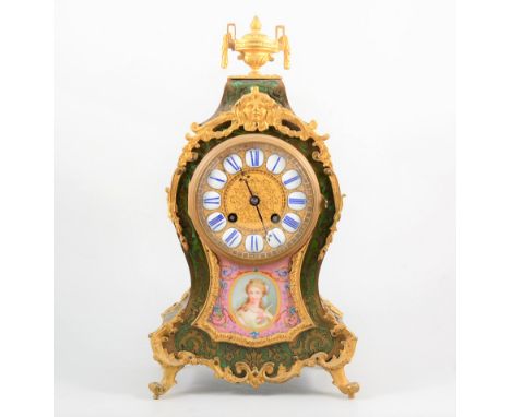 French boulle work and porcelain inset mantle clock in the Louis XV style, gilt metal mounts, movement stamped GV, striking o