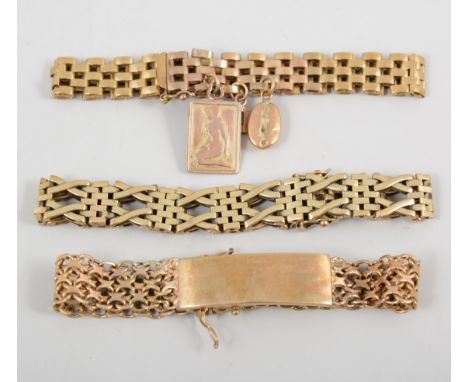 Three 9 carat yellow gold bracelets, all 10mm wide gate designs with differing links, one having a plain identity plate, tota