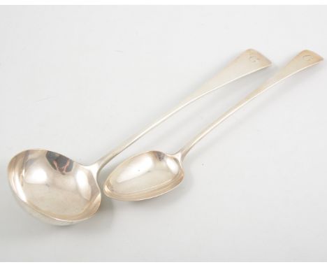 A silver soup ladle and basting spoon, both Old English design, soup ladle hallmarked London 1900, 33cm, approximate weight 8