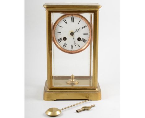 French brass cased four glass mantle clock, the movement striking on a bell, 25cm