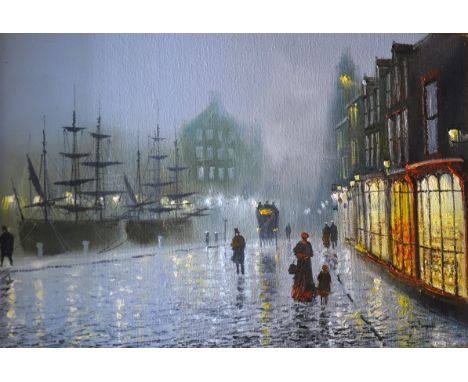John Bampfield, Victorian view of shop fronts and harbour with figures by lamplight, possibly Poole, oil on canvas 50cm x 77c