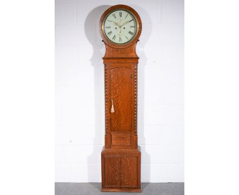 Oak drum top longcase clock, circular painted dial 13inches, 8 day movement striking on a bell, 199cm.