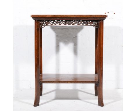 Chinese hardwood side table, lacquered top, fretwork frieze. the les joined by a shelf, the top 58x39cm, height 72cm.