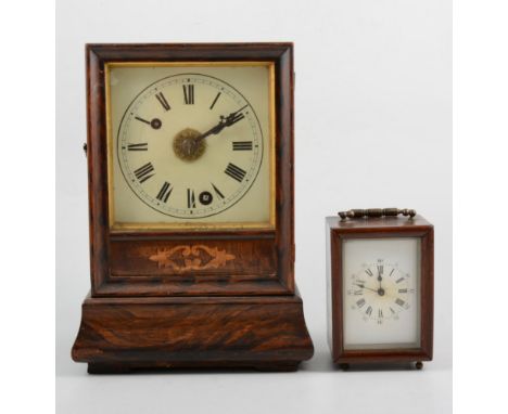 American stained wood mantle clock, square enamel dial, and a mahogany cased carriage type clock. (2)