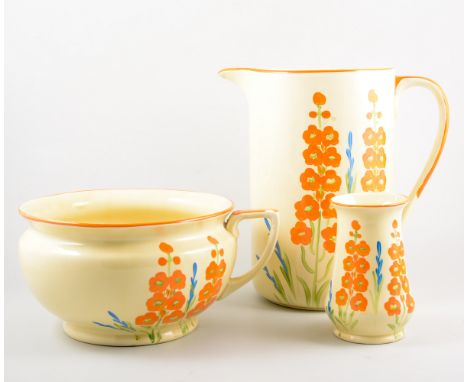 English Myott Art Deco period washset, comprising jug, bowl, toothbrush holder, and a soap dish, painted with orange flowers 