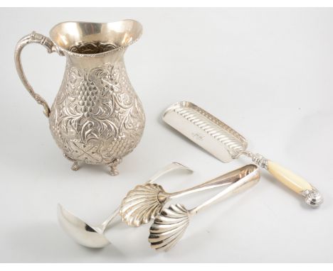 Two boxes of silver-plated wares and cutlery, a twin handled tea tray, gallery tray and salver, a wine jug embossed with grap