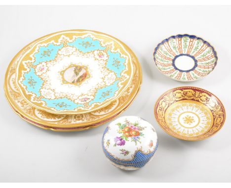 Coalport cabinet plate, central, painted landscape, blue and gilt borders, 23cm, two Royal Doulton plates with tooled gilt bo