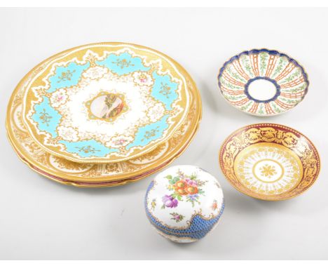 Coalport cabinet plate, central, painted landscape, blue and gilt borders, 23cm, two Royal Doulton plates with tooled gilt bo