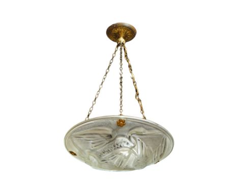 Noverdy France marked Art Deco chandelier in bronze and glass with a decor with cranesNOVERDY FRANCE Art Deco-luster met een 
