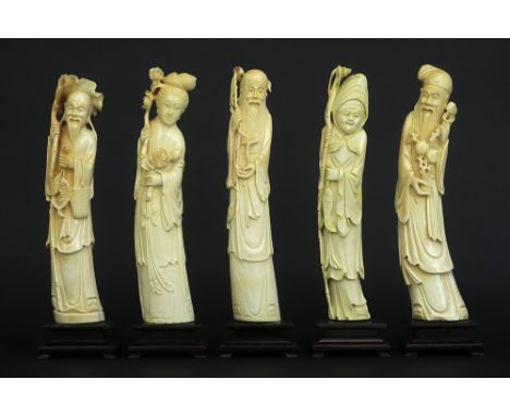 series of five Chinese late Qing-/early Republic period "Immortals" sculptures in ivory with nice patina with CITES certifica