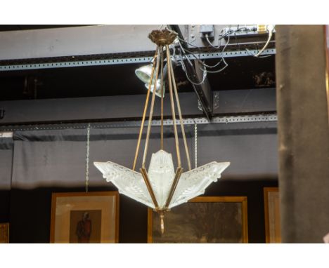 quite special Schneider signed Art Deco chandelier in silverplated bronze with five shades in satin glassSCHNEIDER aparte Art