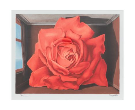 lithograph printed in colors after the 1960 "Le tombeau des lutteurs" painting by René Magritte  with stamps of ADAGP and the