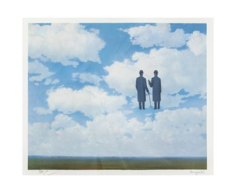 lithograph printed in colors after the 1963 "La reconnaissance infinie" painting by René Magritte  with stamps of ADAGP and t