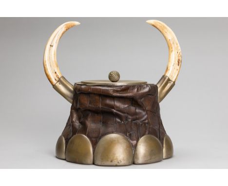 Novelty cigarette box in the shape of an elephant's foot covered with crocodile leather and with two wild boar teethNovelty-i