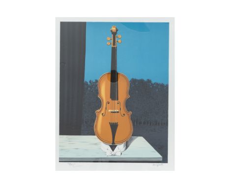 lithograph printed in colors after the 1969 ""Un peu de l'âme des bandits" painting by René Magritte  with stamps of ADAGP an