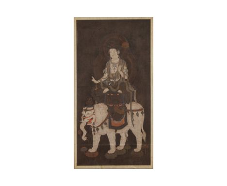 19th Cent. Chinese mixed media on a lithographNegentiende eeuwse Chinese met de hand opgehoogde druk : "Quan Yin op een witte