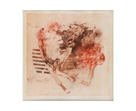 Karel Demel signed etching in colors with a typical compositionDEMEL KAREL (° 1942) kleurets n° 99/125 : "Compositie met jong