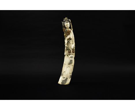 quite big Chinese Republic period "Flower girl" sculpture in ivory with polychrome with CITES certificate "2024/BE04177/CE"Th