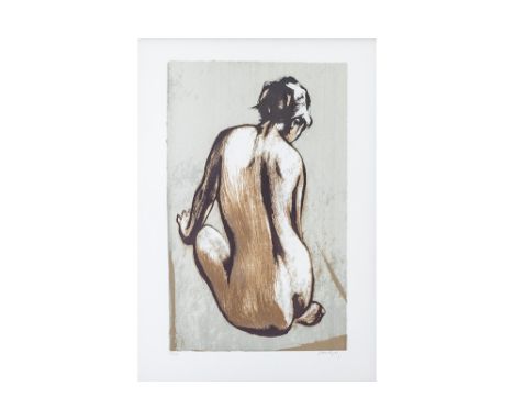 20th Cent. illegibly signed lithograph printed in colors Onleesbaar getekende kleurlitho n° 37/100 : "Zittend vrouwelijk naak
