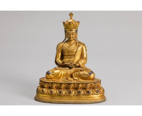 18th/19th Cent. Tibetan "Lama" sculpture in a copper alloy with original gildingTIBET  -  ca 1800 mooie sculptuur in een kope