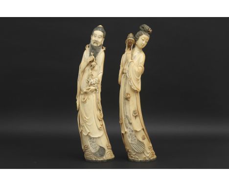 pair of quite big antique Chinese Qing period sculptures in ivory with CITES certificate "2024/BE04178/CE"This item cannot be
