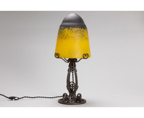 French Art Deco-lamp attributed to Delatte with base in wrought iron and shade in pâte de verre in typical Delatte colorsDELA
